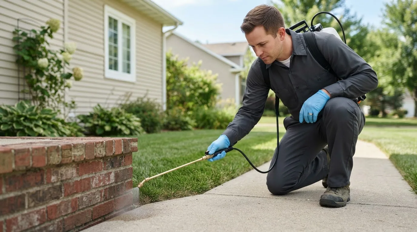 Pest control technician treating a home near Plymouth, NH